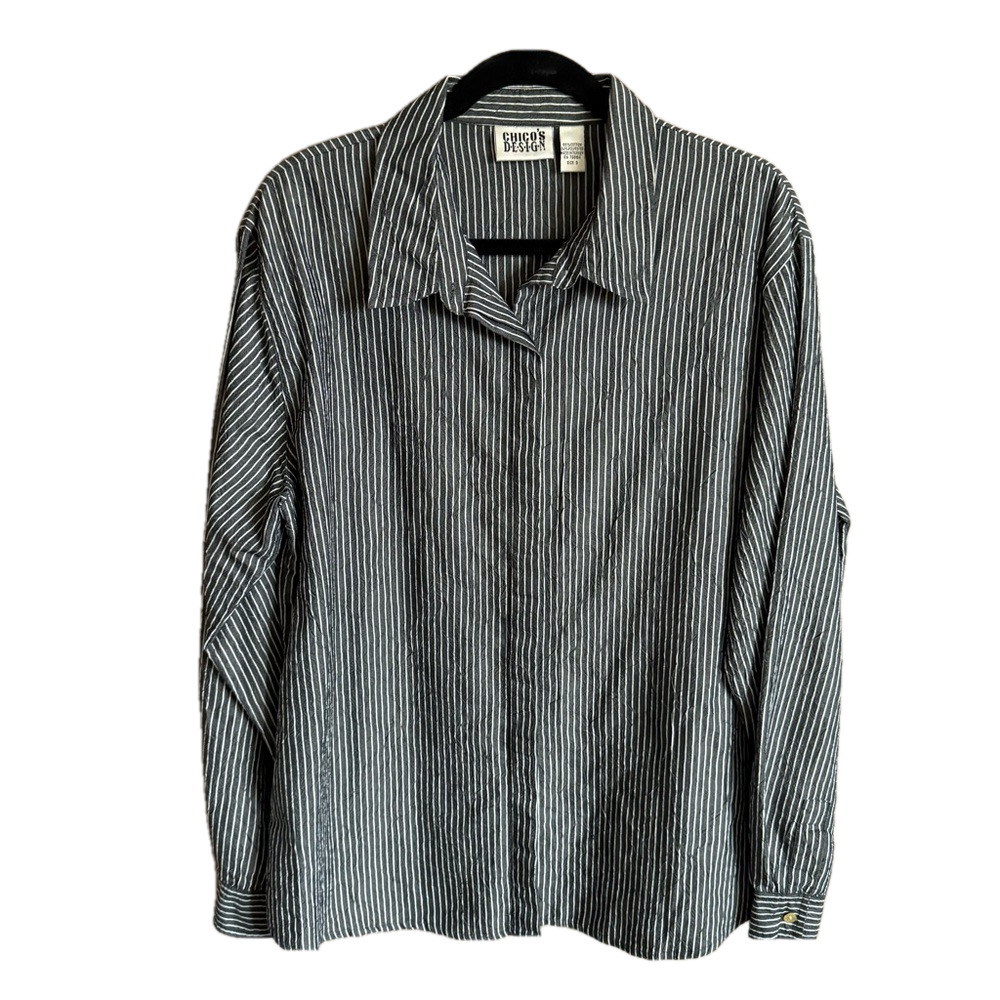 Vintage Chico's Design Gray and White Stripe Button Up Blouse Top XL Minimalist